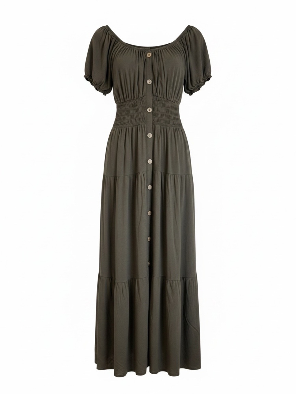 Olive Green Boho Tiered Maxi Dress with Puff Sleeves and Smocked Waist Sz OS
